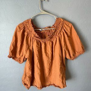 Textured Rust Orange Smocked Neck Peasant Blouse